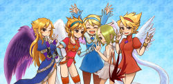 Rule 34 | 5girls, :d, :o, angel wings, armor, black wings, blonde hair, boots, breath of fire, breath of fire i, breath of fire ii, breath of fire iii, breath of fire iv, breath of fire v, bridal gauntlets, brown legwear, capcom, dress, elbow gloves, closed eyes, facial mark, forehead mark, gloves, grey eyes, hair over one eye, hairband, hota (29812), leotard, long hair, multiple girls, nina (breath of fire i), nina (breath of fire ii), nina (breath of fire iii), nina (breath of fire iv), nina (breath of fire v), one eye closed, open mouth, pantyhose, red wings, short hair, side slit, smile, thigh boots, thighhighs, v, white wings, wings, wink
