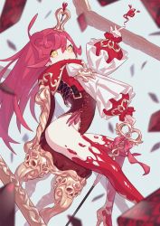 Rule 34 | 1girl, absurdres, armlet, blood, blurry, blurry background, bow, card, chair, closed mouth, crown, film grain, frills, heart, high heels, highres, holding, holding wand, long hair, original, picture frame, pink bow, puffy sleeves, red hair, sitting, smile, solo, tewo (tewowet), wand, yellow eyes