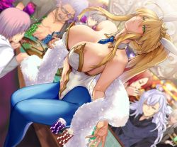 Rule 34 | animal ears, artoria pendragon (all), artoria pendragon (fate), artoria pendragon (swimsuit ruler) (fate), bad id, bad pixiv id, bare shoulders, bedivere (fate), blonde hair, blue pantyhose, breasts, casino, casino card table, character request, cleavage, detached collar, fake animal ears, fate (series), feather boa, fishnets, green eyes, hair between eyes, indoors, large breasts, leotard, long hair, looking at viewer, mash kyrielight, necktie, pantyhose, playboy bunny, ponytail, rabbit ears, satou daiji, sidelocks, sitting, table, white leotard, wrist cuffs