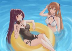 Rule 34 | 2girls, artist name, bikini, blue ribbon, blush, breasts, brown hair, cleavage cutout, clothing cutout, floating, food, girls&#039; frontline, green eyes, hand in own hair, innertube, large breasts, long hair, looking at viewer, medium breasts, multiple girls, official alternate costume, one-piece swimsuit, ponytail, popsicle, purple hair, red eyes, ribbon, springfield (girls&#039; frontline), springfield (stirring mermaid) (girls&#039; frontline), srm463, swim ring, swimsuit, wa2000 (girls&#039; frontline), wa2000 (op. manta ray) (girls&#039; frontline), wading, water, white bikini