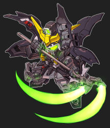 Rule 34 | beam scythe, black background, commentary request, full body, glowing, glowing eyes, green eyes, gundam, gundam deathscythe hell, gundam wing, highres, holding, holding scythe, mecha, mobile suit, no humans, partial commentary, robot, science fiction, scythe, sd gundam, simple background, solo, standing, susagane, v-fin
