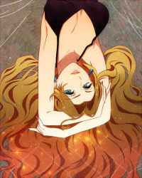 Rule 34 | 1girl, armpits, arms up, bad id, bad pixiv id, bleach, blonde hair, blue eyes, breasts, cleavage, dress, earrings, jewelry, lips, long hair, looking at viewer, matsumoto rangiku, mole, mole under mouth, nail polish, parted lips, solo, sparkle, upside-down, yukin (es)