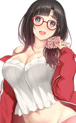 Rule 34 | 1girl, bare shoulders, black eyes, black hair, blunt bangs, bow, breasts, cleavage, glasses, hair bow, highres, jacket, large breasts, long hair, looking at viewer, mole, mole on neck, nijisanji, open clothes, open jacket, open mouth, red-framed eyewear, serizawa (serizawaroom), solo, suzuka utako, track jacket, virtual youtuber, white background
