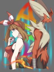 Rule 34 | 1girl, absurdres, arm at side, back-to-back, bare shoulders, blaziken, blue eyes, breasts, brown hair, closed mouth, creatures (company), cropped torso, fanny pack, fingernails, fire, from side, game freak, gen 3 pokemon, hairband, hand up, highres, holding, holding poke ball, long hair, may (pokemon), medium breasts, mega blaziken, mega evolution symbol, mega pokemon, nintendo, poke ball, poke ball (basic), pokemon, pokemon (creature), pokemon oras, pretty-purin720, red hairband, red shirt, shirt, tank top