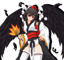 Rule 34 | 1girl, black hair, black wings, blush, cowboy shot, detached sleeves, feathered wings, hand on own hip, hat, hauchiwa, highres, japanese clothes, kourindou tengu costume, long sleeves, looking at viewer, obi, parted lips, pelvic curtain, pom pom (clothes), red eyes, sash, shameimaru aya, short hair, smile, solo, ten&#039;yoku, thighhighs, tokin hat, touhou, white thighhighs, wide sleeves, wings