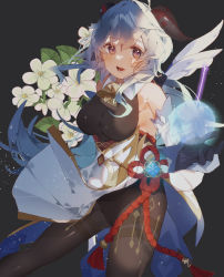 Rule 34 | 1girl, ahoge, bare shoulders, bell, black gloves, black leotard, blue hair, blush, bodystocking, bodysuit, breasts, chinese knot, clothes lift, detached sleeves, flower, flower knot, ganyu (genshin impact), genshin impact, gloves, gold trim, groin, higa (gominami), highres, horns, leotard, leotard under clothes, long hair, looking at viewer, medium breasts, neck bell, open mouth, orb, outstretched arm, pelvic curtain, pelvic curtain lift, purple eyes, qingxin flower, sidelocks, smile, solo, tassel, thighlet, thighs, vision (genshin impact), white flower, white sleeves