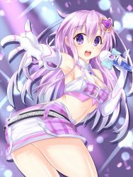Rule 34 | 1girl, alternate costume, armpits, bare shoulders, blush, breasts, cleavage, cleavage cutout, clothing cutout, gloves, hair between eyes, hair ornament, heart, heart hair ornament, highres, kazuneko (wktk1024), long hair, looking at viewer, medium breasts, microphone, miniskirt, nepgear, neptune (series), open mouth, purple eyes, purple hair, reaching, reaching towards viewer, skirt, smile, solo, teeth, thighs, upper teeth only