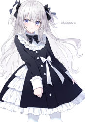 Rule 34 | 1girl, black bow, black dress, bow, character name, dress, grey hair, hair bow, highres, indie virtual youtuber, kazunehaka, long hair, long sleeves, looking at viewer, purple eyes, shanoa (vtuber), solo, two side up, virtual youtuber, white background