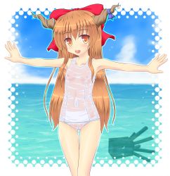 Rule 34 | 1girl, bad id, bad pixiv id, bow, breasts, brown eyes, brown hair, cameltoe, collarbone, day, female focus, flat chest, hair bow, highres, horn ornament, horn ribbon, horns, ibuki suika, long hair, matching hair/eyes, minecraft, navel, nipples, noveske n4, one-piece swimsuit, open mouth, orange eyes, orange hair, outstretched arms, ribbon, school swimsuit, see-through, smile, solo, spread arms, squid, swimsuit, touhou, water, wet, wet clothes, white school swimsuit, white one-piece swimsuit