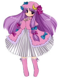 Rule 34 | 1girl, boots, bow, crescent, female focus, futami yayoi, hat, long hair, patchouli knowledge, pink bow, pink footwear, purple hair, solo, touhou