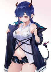 Rule 34 | 1girl, arknights, bkko, black bra, black shorts, blue hair, blue jacket, blush, bra, ch&#039;en (arknights), chinese commentary, collarbone, commentary request, cowboy shot, dragon girl, dragon horns, dragon tail, flame-tipped tail, gradient background, groin, highres, horns, jacket, long hair, midriff, navel, open clothes, open fly, open jacket, open mouth, red eyes, shirt, short shorts, shorts, simple background, solo, tail, thighs, underwear, wet, wet clothes, wet shirt, white background, white shirt