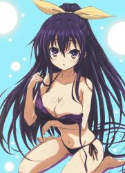 Rule 34 | 10s, 1girl, bikini, black hair, breast hold, breasts, cleavage, date a live, highres, kneeling, long hair, looking at viewer, navel, solo, swimsuit, undressing, yatogami tooka