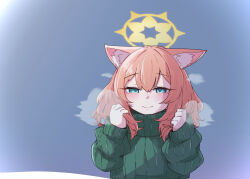 Rule 34 | 1girl, animal ears, blue archive, blue eyes, blush, closed mouth, green sweater, halo, highres, long hair, long sleeves, looking at viewer, mari (blue archive), orange hair, ribbed sweater, smile, solo, suecovsky, sweater, turtleneck, turtleneck sweater, upper body, yellow halo
