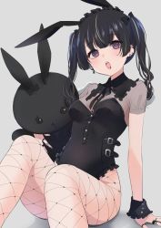Rule 34 | 1girl, :o, animal ears, arm support, black bow, black collar, black eyes, black hair, black leotard, black nails, bow, collar, detached collar, ear piercing, fake animal ears, fishnet pantyhose, fishnets, grey background, hair bow, hairband, highres, ica, jewelry, leotard, lip piercing, lolita hairband, nail polish, open mouth, original, pantyhose, piercing, playboy bunny, rabbit ears, ring, see-through, see-through sleeves, short sleeves, signature, simple background, sitting, solo, stuffed animal, stuffed rabbit, stuffed toy, teeth, twintails, twitter username, upper teeth only, wrist cuffs