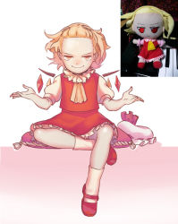 Rule 34 | 1girl, absurdres, alternate hairstyle, ascot, bangs pinned back, blonde hair, commentary, derivative work, flandre scarlet, forehead, frilled shirt collar, frilled skirt, frills, hat, highres, jitome, looking at viewer, mob cap, orange eyes, photo-referenced, photo inset, puffy short sleeves, puffy sleeves, red footwear, red skirt, red vest, reference inset, reference photo, shiny skin, short hair, short sleeves, shrugging, simple background, sitting, skirt, skirt set, sleeves pushed up, smile, smug, stuffed toy, touhou, vest, wings, yellow ascot, yoruny