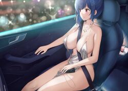 Rule 34 | 1girl, absurdres, azur lane, bag, bare shoulders, between breasts, blue hair, breasts, car interior, cleavage, collarbone, commentary request, dress, evening gown, female focus, hair ornament, hairclip, handbag, highres, jewelry, joko jmc, large breasts, lens flare, necklace, no bra, official alternate costume, pelvic curtain, pink nails, red eyes, revealing clothes, seatbelt, sideboob, silver dress, sitting, solo, st. louis (azur lane), st. louis (luxurious wheels) (azur lane), thighs