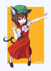Rule 34 | 1girl, :d, animal ear fluff, animal ears, bow, bowtie, brown hair, cat ears, cat tail, character name, chen, dress, earrings, fang, from above, full body, gold trim, hand up, hat, highres, jewelry, looking at viewer, mob cap, multiple tails, nekomata, open mouth, orange background, outstretched arm, red dress, red eyes, short hair, simple background, single earring, smile, solo, standing, tail, toluda, touhou, two tails, white bow, white bowtie