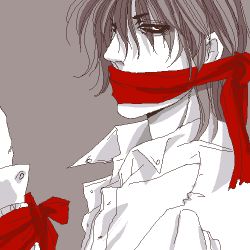 Rule 34 | 1boy, alucard (hellsing), black hair, bound, dress shirt, hellsing, looking at viewer, lowres, male focus, monochrome, non-web source, oekaki, red eyes, ribbon, shirt, solid&amp;etc, solo, tied up (nonsexual), vampire