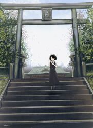 Rule 34 | architecture, black dress, black eyes, black hair, blue sky, commentary request, dress, east asian architecture, fracoco, hair over one eye, hand on own chest, highres, original, pinafore dress, short hair, shrine, signature, sky, sleeveless, sleeveless dress, stairs, stone stairs, torii, tree, waving
