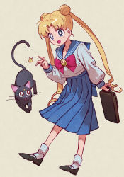 Rule 34 | 1girl, bag, bishoujo senshi sailor moon, black cat, black footwear, blonde hair, blue eyes, blue sailor collar, blue skirt, bow, brooch, cat, collarbone, crescent, double bun, earrings, full body, hungry clicker, index finger raised, jewelry, juuban middle school uniform, long hair, long skirt, luna (sailor moon), mary janes, open mouth, pleated skirt, red bow, sailor collar, school bag, school uniform, serafuku, shirt, shoes, simple background, skirt, socks, standing, star (symbol), tsukino usagi, twintails, uniform, very long hair, white legwear, white shirt