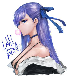 Rule 34 | 1girl, bare shoulders, bikini, bikini top only, black bikini, blue bow, blue choker, blue eyes, bow, blowing bubbles, chewing gum, choker, collarbone, covered erect nipples, eyelashes, eyeshadow, fate/grand order, fate (series), hair bow, highres, long hair, makeup, meltryllis, meltryllis (fate), meltryllis (swimsuit lancer) (fate), meltryllis (swimsuit lancer) (first ascension) (fate), profile, purple hair, simple background, solo, sterben, swimsuit, upper body, white background