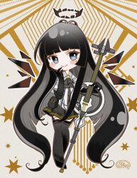 Rule 34 | 1girl, antenna hair, arknights, artist name, ascot, belt, belt buckle, belt pouch, black ascot, black belt, black eyes, black footwear, black garter straps, black gloves, black hair, black halo, black pouch, black skirt, black sleeves, black thighhighs, black wings, blunt bangs, blush, bright pupils, broken halo, brown halo, brown outline, buckle, cello, closed mouth, collared jacket, colored inner hair, commentary request, dark halo, deformed, detached wings, energy wings, facing viewer, film grain, full body, garter straps, gloves, grey hair, grey shirt, halo, hand on own cheek, hand on own face, hands up, highres, hime cut, holding, holding instrument, holding violin, instrument, invisible floor, jacket, layered sleeves, long hair, long sleeves, looking to the side, miniskirt, mole, mole under eye, multicolored background, multicolored hair, outline, pale skin, pleated skirt, pouch, riiiin poca, sepia background, shirt, short-sleeved jacket, short over long sleeves, short sleeves, sidelocks, signature, skirt, smile, solo, standing, star (symbol), strappy heels, thighhighs, two-tone background, two-tone hair, very long hair, violin, virtuosa (arknights), white belt, white jacket, white outline, white pupils, wide sleeves, wing collar, wings, yellow background, zettai ryouiki