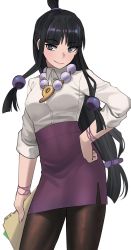 Rule 34 | 1girl, ace attorney, beads, black hair, blunt bangs, brown pantyhose, closed mouth, collared shirt, commentary, cowboy shot, folder, grey eyes, hair beads, hair ornament, hand on own hip, high-waist skirt, highres, holding, holding folder, jewelry, jourd4n, long hair, maya fey, necklace, office lady, pantyhose, parted bangs, purple skirt, shirt, sidelocks, simple background, skirt, sleeves rolled up, smile, solo, white background