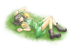 Rule 34 | 1girl, black eyes, black footwear, black hair, bracelet, breasts, dress, full body, grass, green dress, hand on own head, houshin engi, jewelry, knees together feet apart, long hair, looking to the side, lying, on back, parted lips, small breasts, solo, soranisakuhana
