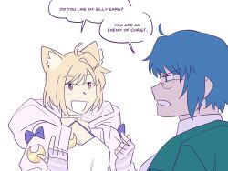 :d ahoge angry animal_ear_fluff animal_ears annoyed arcueid_brunestud blonde_hair blue_hair blue_ribbon breasts c.i.e.l_(fate) c.i.e.l_(second_ascension)_(fate) cat_ears cat_girl choker ciel_(tsukihime) cleavage collared_shirt crescent english_text fate/grand_order fate_(series) highres hood hoodie jacket looking_at_another meme open_mouth phantas-moon phantas-moon_(second_ascension) red_eyes ribbon shirt short_hair simple_background smile tsukihime vincent-san