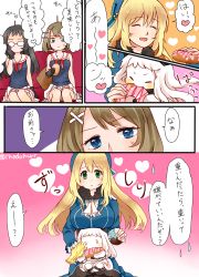 Rule 34 | 10s, 4girls, abyssal ship, atago (kancolle), black gloves, black hair, blonde hair, blue eyes, breast rest, breasts, breasts on head, brown hair, choukai (kancolle), comic, doughnut, dress, eating, food, gloves, green hair, hair ornament, hairclip, hat, holding, horns, kantai collection, kobone, large breasts, long hair, maya (kancolle), mittens, multiple girls, northern ocean princess, pantyhose, pleated skirt, school uniform, serafuku, skirt, small breasts, translation request, white dress, white hair