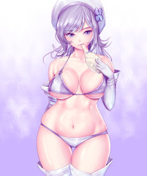 Rule 34 | 10s, 1girl, aila jyrkiainen, baozi, bare shoulders, bikini, breasts, curvy, elbow gloves, food, gloves, gundam, gundam build fighters, harihisa, hat, large breasts, long hair, looking at viewer, mouth hold, navel, purple background, purple bikini, purple eyes, revision, silver hair, skindentation, solo, swimsuit, thigh gap, thighhighs, thighs, white gloves, white thighhighs, wide hips