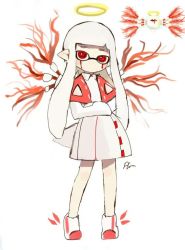 Rule 34 | 1girl, ambiguous gender, artist request, blood, bloody tears, commentary, crossover, dress, full body, fusion, halo, hime cut, inf1n1teart, inkling, inkling player character, kirby (series), kirby 64, mask, multiple views, nintendo, no mouth, photo inset, pointy ears, red eyes, reference inset, signature, simple background, tail, tentacle hair, watermark, white background, white dress, white footwear, white hair, winged footwear, wings, zero two (kirby)