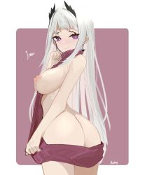 Rule 34 | 1girl, alternate breast size, arknights, ass, backless dress, backless outfit, bare arms, bare shoulders, between breasts, border, breasts, breasts out, butt crack, character name, closed mouth, cowboy shot, dress, earrings, from behind, grey hair, hand on own chest, head wings, highres, irene (arknights), jewelry, large breasts, long hair, looking at viewer, looking back, meme attire, nipples, no bra, no panties, nuggetkouhai, outside border, purple background, purple dress, purple eyes, purple sweater, signature, simple background, smile, solo, sweater, sweater dress, turtleneck, very long hair, virgin killer sweater, white border, wings