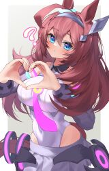Rule 34 | 1girl, absurdres, ahoge, animal ears, bare shoulders, blue eyes, blush, breasts, brown hair, closed mouth, commentary request, cowboy shot, cropped legs, detached sleeves, ear ornament, grey skirt, hair ornament, hairclip, heart, heart hands, highleg, highleg leotard, highres, horse ears, horse girl, large breasts, leotard, long hair, mihono bourbon (umamusume), miniskirt, necktie, pink necktie, shumai il, signature, silver hairband, simple background, skirt, solo, umamusume, very long hair, white background, white leotard