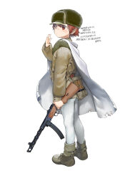 Rule 34 | absurdres, assault rifle, cape, closed mouth, green footwear, green headwear, gun, highres, holding, holding gun, holding weapon, military, original, pantyhose, red eyes, red hair, rifle, simple background, weapon, white background, white cape, white pantyhose, zhongye yu