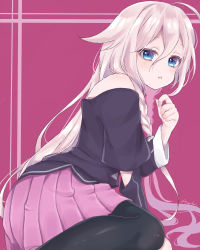 Rule 34 | 1girl, ahoge, aomidori (em em37), arm support, bare shoulders, blue eyes, braid, choker, detached sleeves, eyelashes, feet out of frame, from side, hair between eyes, hair flaps, hand up, highres, ia (vocaloid), long hair, long sleeves, looking at viewer, nail polish, off shoulder, parted lips, pink nails, pink skirt, pleated skirt, side braid, silver hair, single thighhigh, skirt, solo, thighhighs, twin braids, very long hair, vocaloid