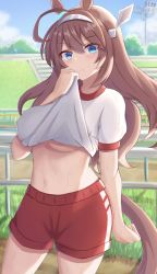 Rule 34 | 1girl, ahoge, animal ears, blue eyes, blush, breasts, brown hair, clothes lift, gym uniform, hair between eyes, hairband, highres, horse ears, horse girl, large breasts, long hair, looking at viewer, mihono bourbon (umamusume), multiple girls, nohhun, open clothes, open shirt, shirt lift, solo, standing, sweat, thighhighs, umamusume, underboob, white thighhighs
