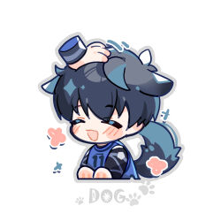 Rule 34 | 1boy, animal ears, black hair, blue lock, blue shirt, blush, chibi, chinese commentary, closed eyes, commentary request, dog boy, dog ears, dog tail, headpat, isagi yoichi, kemonomimi mode, male focus, open mouth, shirt, short hair, simple background, smile, soccer uniform, sportswear, tail, tong jun, upper body, white background