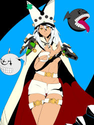 Rule 34 | 1girl, belt bra, blue background, breasts, cape, cleavage, closed mouth, cowboy shot, dark-skinned female, dark skin, flat color, guilty gear, guilty gear xrd, hair between eyes, hat, high contrast, highres, long hair, looking at viewer, orange eyes, ramlethal valentine, short shorts, shorts, simple background, solo, thigh strap, underboob, white hair