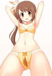 Rule 34 | 1girl, armpits, blush, bra, breasts, brown hair, cameltoe, cleft of venus, denkaisui, fat mons, from below, hair ornament, highres, long hair, magia record: mahou shoujo madoka magica gaiden, mahou shoujo madoka magica, midriff, navel, open mouth, orange eyes, pussy juice, ribbon, side ponytail, small breasts, stain, underwear, underwear only, wet, yui tsuruno