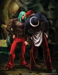 Rule 34 | 2boys, aqua hair, capcom, crescent, crossover, faceoff, hand on own hip, jacket, jewelry, leather, leather jacket, leather pants, long hair, male focus, multiple boys, omega symbol, pants, red hair, red pants, remy (street fighter), ring, savagejase, snk, street fighter, street fighter iii (series), the king of fighters, yagami iori