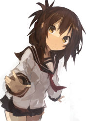 Rule 34 | 1girl, absurdres, black sailor collar, black skirt, brown eyes, brown hair, closed mouth, cowboy shot, folded ponytail, hair between eyes, highres, inazuma (kancolle), kaamin (mariarose753), kantai collection, long hair, long sleeves, neckerchief, pleated skirt, red neckerchief, sailor collar, school uniform, serafuku, simple background, skirt, solo, white background