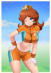 Rule 34 | 1girl, absurdres, bent over, blue eyes, breasts, brown hair, hand on own hip, hand on own thigh, hand on thigh, highres, large breasts, leaning forward, mario (series), midriff, navel, nintendo, one eye closed, patdarux, princess, princess daisy, short hair, shorts, smile, soccer uniform, solo, sportswear, super mario strikers, wink