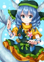 Rule 34 | 1girl, apron, blue eyes, blue hair, blush, breasts, brush, closed mouth, cosplay, dress, drill hair, fins, flower, green apron, green headwear, green scarf, hair between eyes, hand up, haniyasushin keiki, haniyasushin keiki (cosplay), head fins, head scarf, highres, jewelry, leaf, looking to the side, magatama, magatama necklace, medium breasts, mermaid, monster girl, necklace, one-hour drawing challenge, pocket, puffy short sleeves, puffy sleeves, ruu (tksymkw), scarf, short hair, short sleeves, smile, solo, touhou, wakasagihime, white flower, yellow dress, yellow sleeves