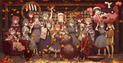 6+girls, ^ ^, ^o^, absurdres, alcohol, alternate costume, animal ears, aqua dress, arm rest, arm up, armchair, ascot, autumn leaves, backpack, bag, bangs, bare shoulders, barefoot, bat wings, belt, black dress, black footwear, black hair, black headwear, black skirt, blonde hair, blouse, blue blouse, blue dress, blue eyes, blue hair, blue headwear, blue neckwear, blue shirt, blue skirt, blue vest, book, boots, bottle, bowl, brown footwear, brown hair, brown headwear, bunny ears, buttons, cabbie hat, can, capelet, cellphone, chains, chair, choko (cup), closed eyes, cloud, collarbone, collared shirt, collared vest, cravat, crescent, crescent hat ornament, crescent pin, cross-laced footwear, crossed arms, cup, dango, day, detached sleeves, doremy sweet, dress, drinking glass, eyeball, eyebrows visible through hair, eyes closed, facing viewer, falling leaves, fangs, fedora, feet, flat cap, floppy ears, food, frilled dress, frilled shirt, frilled sleeves, frills, frog hair ornament, full body, glass bottle, glasses, gourd, green hair, group picture, hair between eyes, hair bobbles, hair ornament, hair rings, hand on hip, hand up, hat, hat ribbon, head rest, heart, heart of string, highlights, highres, holding, holding book, holding bottle, holding can, holding food, holding phone, horns, ibuki suika, japanese clothes, jar, kaku seiga, kawashiro nitori, key, kijin seija, kimono, kochiya sanae, komeiji satori, lace-up boots, leaf, legs crossed, letty whiterock, long hair, long skirt, long sleeves, looking at viewer, loose socks, lying, maple leaf, medium hair, mermaid, mirror, mob cap, monster girl, multicolored hair, multiple girls, nail polish, neckerchief, needle sword, nightcap, nontraditional miko, on stomach, onbashira, one eye closed, oni, open clothes, open mouth, open vest, orange hair, orange shirt, orange shorts, ouka musci, outdoors, partially submerged, patchouli knowledge, phone, pink cloud, pink dress, pink hair, pleated skirt, pointy ears, pom pom (clothes), puffy short sleeves, puffy sleeves, purple dress, purple hair, purple headwear, purple skirt, pyramid (geometry), reading, red eyes, red hair, red headwear, red kimono, red shirt, reisen (touhou bougetsushou), remilia scarlet, ribbon, ribbon-trimmed skirt, ribbon trim, ringo (touhou), sake bottle, sandals, scarf, scarf over mouth, school uniform, shide, shirt, short hair, short sleeves, short twintails, shorts, shrine, sidelocks, silver hair, sitting, skirt, skirt set, sleeveless, sleeveless shirt, smartphone, smile, snake hair ornament, socks, standing, streaked hair, sukuna shinmyoumaru, sword, sword behind back, third eye, tokkuri, torn clothes, torn sleeves, touhou, twintails, two side up, usami sumireko, vampire, vest, wagashi, wakasagihime, weapon, weapon on back, whiskey, white dress, white hair, white headwear, white scarf, white shirt, wide sleeves, wine, wine bottle, wine glass, wings, wrist cuffs, yasaka kanako