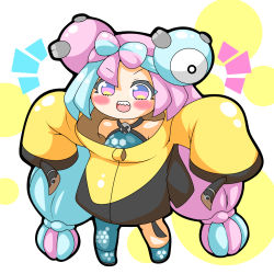 Rule 34 | 1girl, :d, bare shoulders, blue footwear, blue hair, blue pantyhose, blue shirt, blush, bow-shaped hair, chibi, commentary request, creatures (company), full body, game freak, iono (pokemon), jacket, kurukurumagical, long hair, long sleeves, multicolored hair, nintendo, notice lines, open mouth, outstretched arms, pantyhose, pink hair, pokemon, pokemon sv, sharp teeth, shirt, shoes, single leg pantyhose, sleeves past fingers, sleeves past wrists, smile, solo, spread arms, standing, teeth, two-tone hair, v-shaped eyebrows, very long hair, white background, yellow jacket