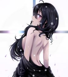 Rule 34 | 1girl, :o, ahoge, backless dress, backless outfit, bad id, bad pixiv id, bare back, bare shoulders, beifeng han, black dress, blush, breasts, cowboy shot, dress, female focus, flower, from behind, hair flower, hair ornament, large breasts, long hair, looking at viewer, looking back, md5 mismatch, miyaura sanshio, off shoulder, open mouth, original, petals, pink eyes, resolution mismatch, sideboob, simple background, solo, strapless, strapless dress, white background