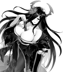 Rule 34 | 1girl, azur lane, azur lane: slow ahead, bare shoulders, between breasts, blush, breasts, cleavage, collarbone, folded fan, folding fan, friedrich der grosse (azur lane), friedrich der grosse (dark raiments of gagaku) (azur lane), greyscale, hair over one eye, hand fan, highres, holding, holding fan, hori (hori no su), japanese clothes, kimono, large breasts, long hair, monochrome, nail polish, navel, off shoulder, official art, parted lips, very long hair