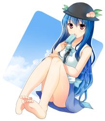 Rule 34 | 1girl, :o, adapted costume, bare legs, bare shoulders, barefoot, blue hair, collarbone, feet, female focus, food, fruit, garigarigari, hat, highres, hinanawi tenshi, legs, long hair, no panties, open mouth, peach, popsicle, red eyes, sitting, skirt, soles, solo, touhou