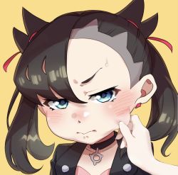 Rule 34 | 2girls, a5 (irsta 5), annoyed, asymmetrical bangs, black choker, black hair, black jacket, blue eyes, blush, cheek pinching, choker, creatures (company), dress, earrings, game freak, hair ribbon, hand on another&#039;s cheek, hand on another&#039;s face, head tilt, highres, jacket, jewelry, marnie (pokemon), multiple girls, nintendo, open clothes, open jacket, pinching, pink dress, pink ribbon, pokemon, pokemon swsh, pov, pov hands, ribbon, shaved head, short hair, short twintails, simple background, spiked hair, studded jacket, studs, sweat, sweatdrop, tearing up, tears, twintails, two side up, yellow background